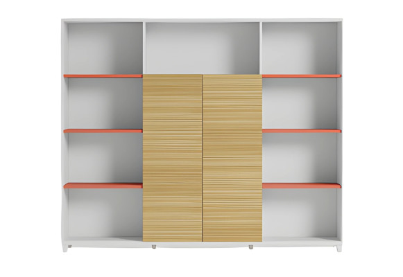 Elegante tafellamp met houten planken en oranje accenten