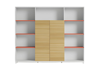 Elegante tafellamp met houten planken en oranje accenten