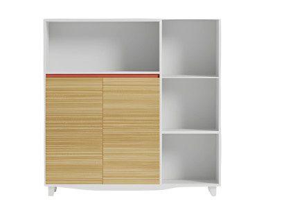 Elegante kantoorkast met houten planken en rode accenten