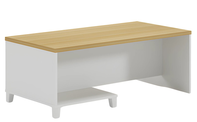 Moderne salontafel met witte frame en houten blad voor elegante interieurs