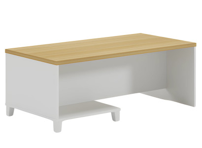 Moderne salontafel met witte frame en houten blad voor elegante interieurs