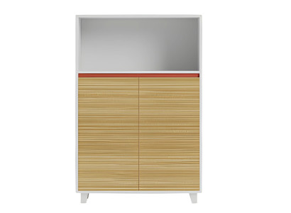 Moderne kantoorkast met houten planken en rode accenten in een elegant ontwerp