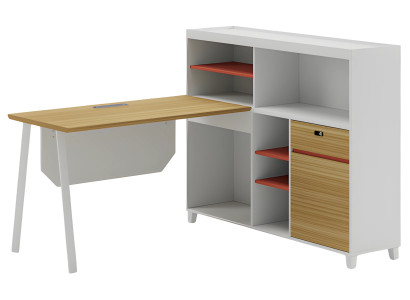 Moderne witte hoektafel met opslag en oranje planken