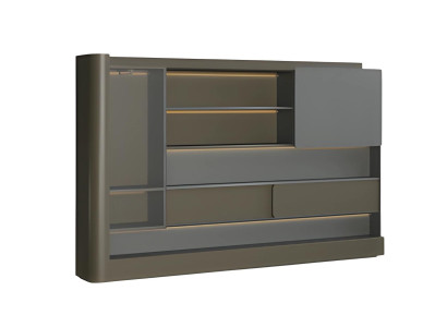 Moderne zwarte kantoorkast met grijze LED-verlichting en opbergruimte