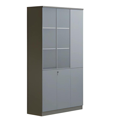 Moderne grijze kantoorkast met glazen deuren, met slot, grote opbergruimte