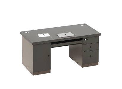 Grijze tafel met opbergruimte en lades, kabelkanalen, slot
