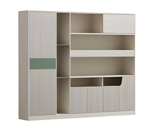 Moderne beige en grijze tafellamp met open deuren en glazen planken
