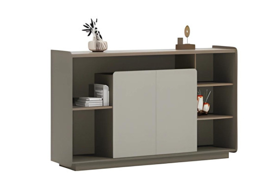 Elegante grijze en beige meubelset met moderne planken en gesloten opbergruimtes