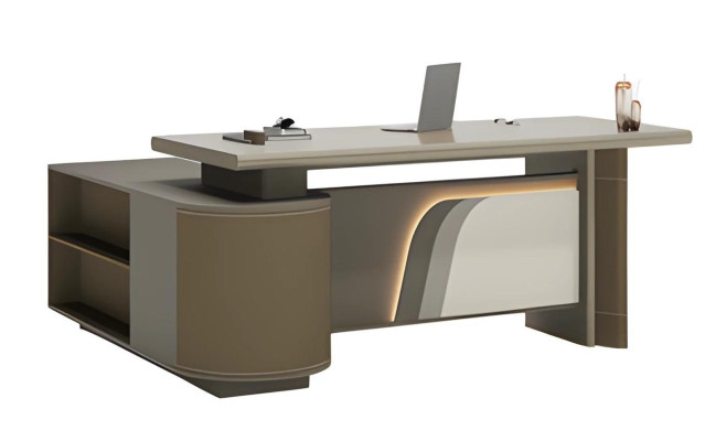 Moderne bruine en beige tafel met LED-verlichting voor kantoor en thuiskantoor