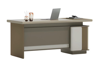 Grijze en beige bureau met lades en planken voor ontwerp en organisatie