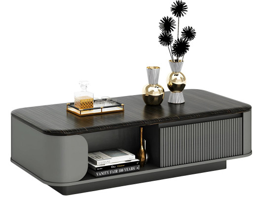 Moderne woonkamer tafel met elegant ontwerp en zwart blad, evenals open planken