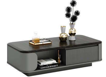 Moderne woonkamer tafel met elegant ontwerp en zwart blad, evenals open planken