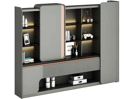 Moderne avocado kast met open planken en eenvoudige, elegante verlichting in grijs