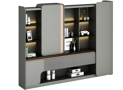 Moderne avocado kast met open planken en eenvoudige, elegante verlichting in grijs