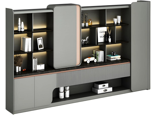 Moderne berken kantoor kast met open planken, LED verlichting, elegante eenvoud, grijs ontwerp