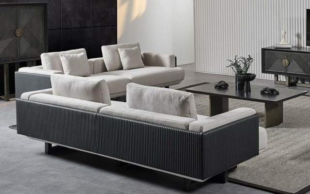 Bruine stoffen meubelset met tafel en banken