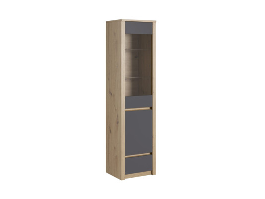 Glazen vitrinekast met glazen deuren, glazen planken en een lade