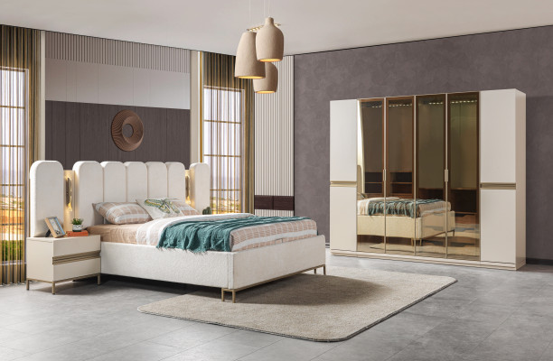 Moderne slaapkamermeubelset 4 delen: bed, kast, nachtkastje