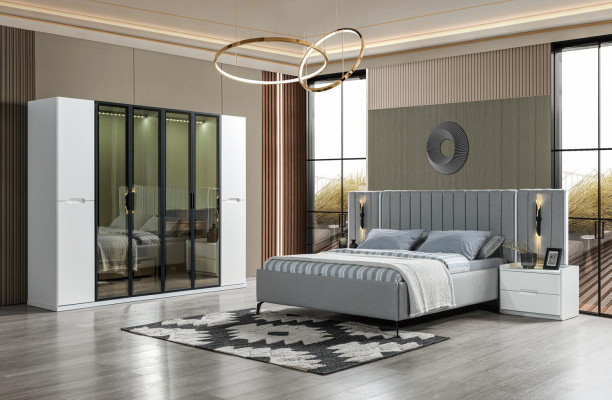 Slaapkamer meubelset in vier delen bed, kast, nachtkastje van hout