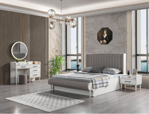 Moderne 5-delige slaapkamer set. Bed, nachtkastjes, kast