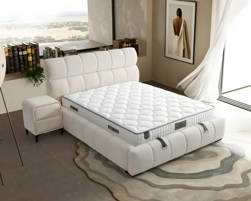 Elegante blauwe bedstof en hout met matras