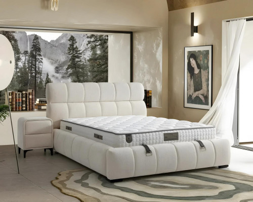 Elegante blauwe bedstof en hout met matras