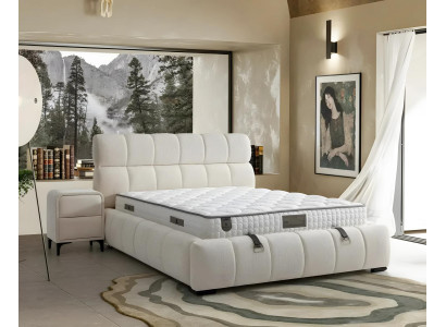 Elegante blauwe bedstof en hout met matras
