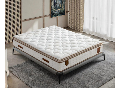 Grijze bedframe met stoffen en houten matras, modern ontwerp