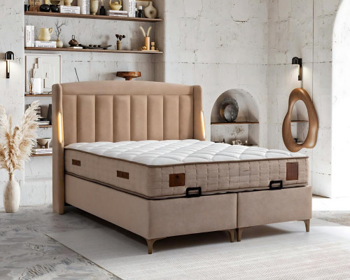 Elegante houten bed met stoffen en houten matras