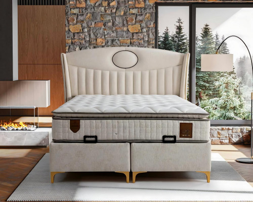 Elegante bed met kussen in lichtgrijs stof en hout