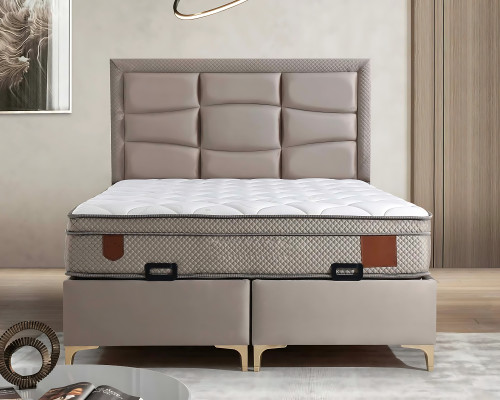 Lichtbruine bed met stoffen en houten matras