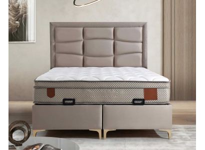 Lichtbruine bed met stoffen en houten matras