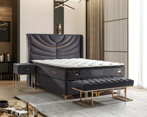 Elegante grijze bed met stoffen en houten matras