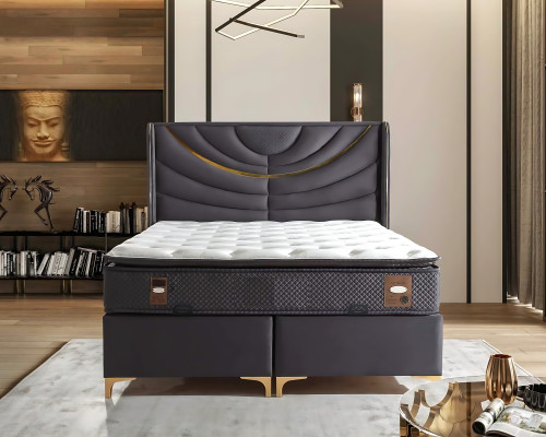 Elegante grijze bed met stoffen en houten matras