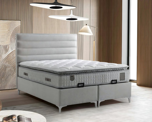 Moderne grijze stoffen bed met elegante matras