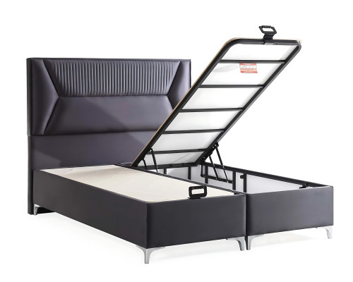 Elegante grijze bed met stoffen en houten matras
