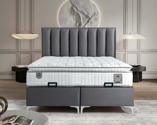 Elegante grijze bedset met stoffen en houten matras