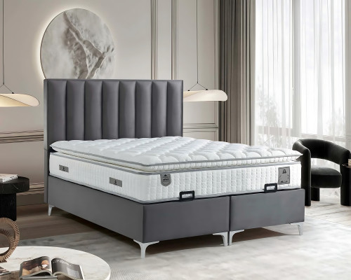 Elegante grijze bedset met stoffen en houten matras