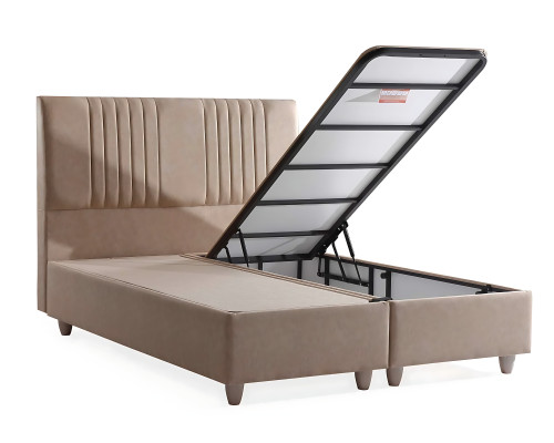 Elegante bed met kussen in lichtgrijs stof en hout
