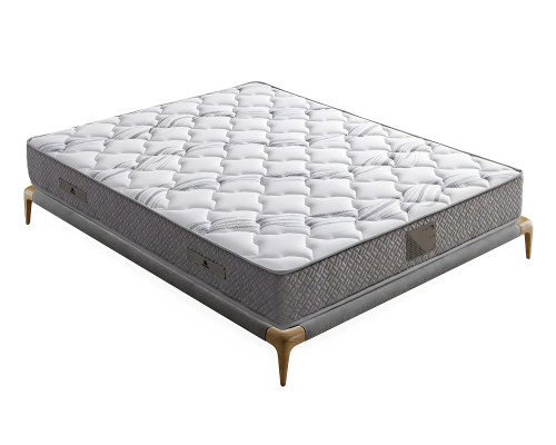 Elegante stoffen en houten bed met matras