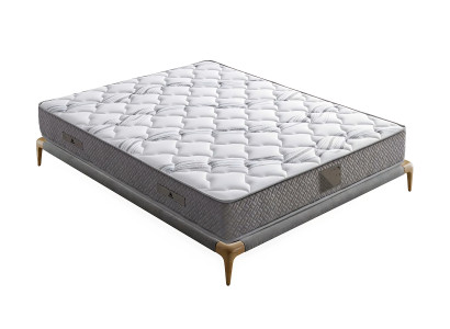 Elegante stoffen en houten bed met matras