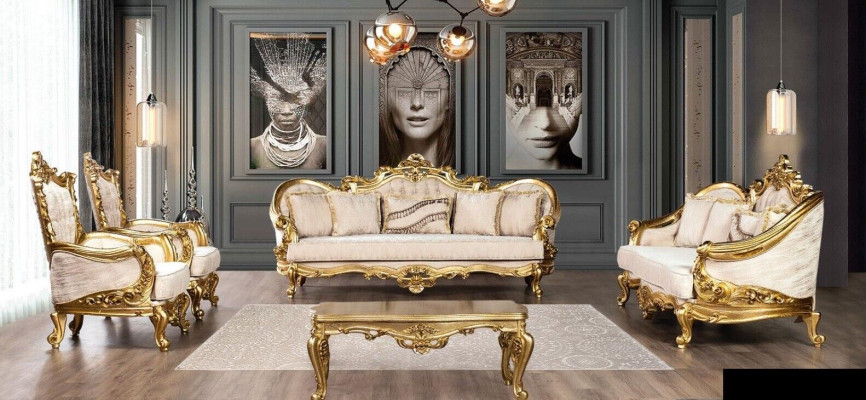 Sofa set bank tafel fauteuil banken set stof barok zitplaatsen 5-delig nieuw.