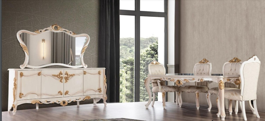 Garnituur Set 7-delig. Eettafel Stoel Dressoir Spiegel Eetstoelen Tafels