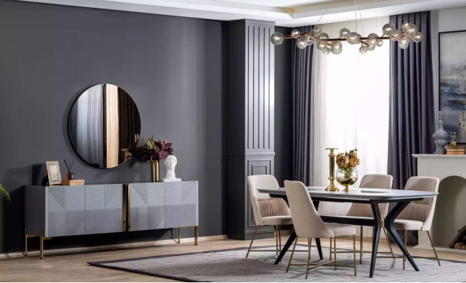 Moderne, absoluut prachtige tafel met stoelen in grijze en beige tinten.