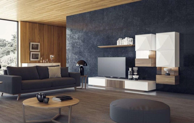 Luxe walnoot natuur Moderne witte woonwand tv-standaard dressoir wandplanken