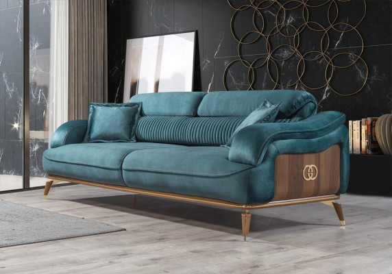 Sofaset set banken fauteuils driezits bankstel 3-zits textiel blauw