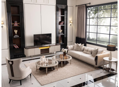 Woonkamergroep driezits fauteuil stoffen bankstel 6-delig beige salontafels