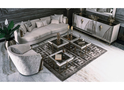 Luxe stoffen bankstel met fauteuil en salontafel set van 7 stuks in het grijs.