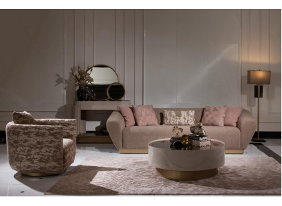 Bankstel bankstel 3-zits fauteuil salontafel dressoir Beige stof 5 delen