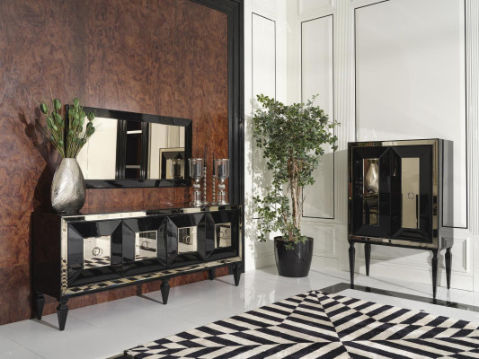 Volledige spiegel barkast zwart hout dressoir kast